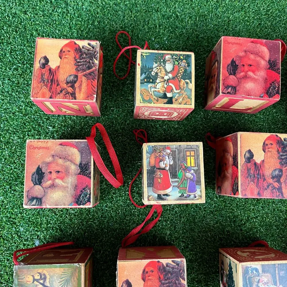 Set of 16 Vintage Wooden Alphabet and Santa Claus Christmas Block Ornaments